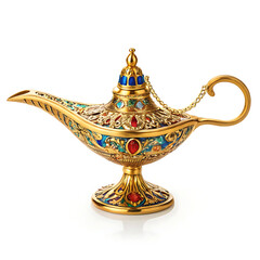 Fototapeta premium Ornate golden aladdin genie lamp with jewels on white background