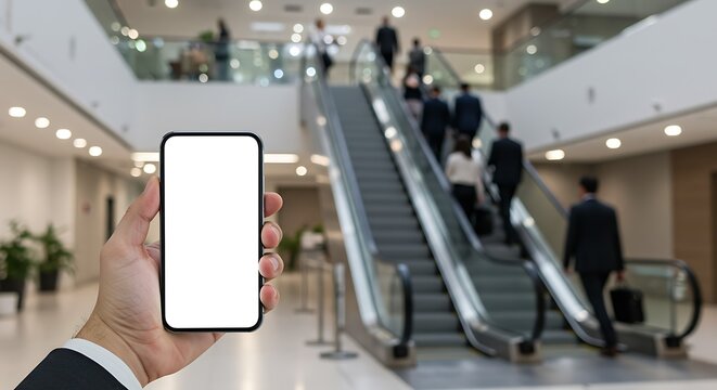 A businessman holds a smartphone with a blank white screen in a modern corporate lobby with a busy escalator.