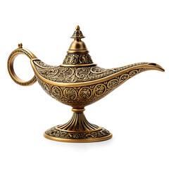 Ornate antique brass genie lamp with intricate carvings on a white background