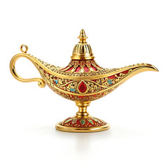 Ornate golden aladdin lamp with colorful jewels on white background