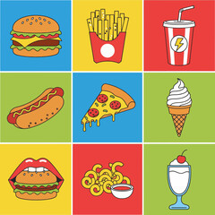 Colorful Fast Food Icons Collage A Fun and Playful Design