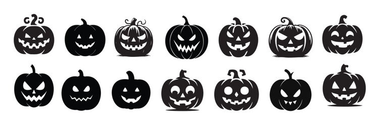 Set of Black silhouettes of Halloween pumpkins isolated on white background. Clip art of Jack-o-lanterns. Concept of Halloween, festive decor, spooky symbol. Icon, print, design elements