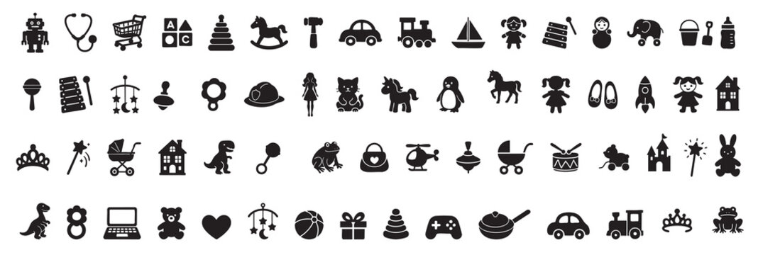Set of kids toys in black silhouette icons, isolated on white background. concept of childhood, playful collection, toy designs, playtime fun, iconic shapes, children s graphic. vector