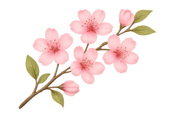 Fototapeta premium Cherry blossom branch with pink sakura flowers and green leaves symbolizing spring and renewal, transparent background
