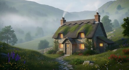 Cozy Cottage in Misty Valley - Warm Light Emanating from Windows, Serene Landscape.