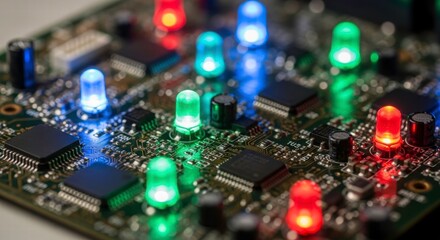 Obraz premium Electronic Symphony: A close-up view of a high-tech circuit board illuminates with colorful LED lights, a vibrant display of technology's inner workings.