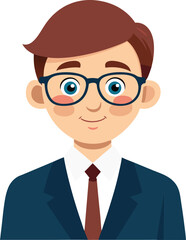 Cartoon of a smiling boy with brown hair and glasses in a suit and tie. The style is simple and bright, conveying professionalism and friendliness.