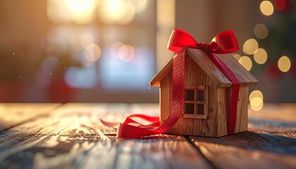 Gift Wrapped House with Ribbon Representing Home Ownership and Dream Realized