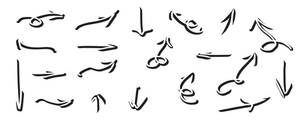 Set of hand-drawn curved volumetric black arrows isolated on a white background. Concept of direction, navigation, pointers, movement. Design elements and symbols. Collection in doodle style