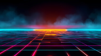 Abstract futuristic landscape with vibrant neon lines and a glowing horizon. A digital representation of technology