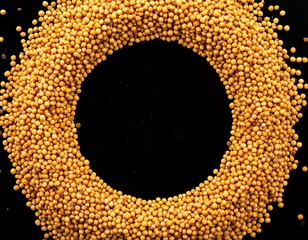 A circular arrangement of small, yellow seeds against black