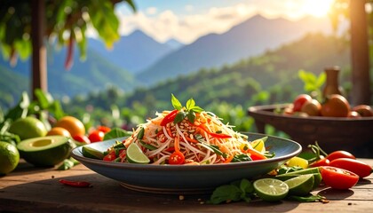 A vibrant Asian salad plate is displayed, mountainous backdrop