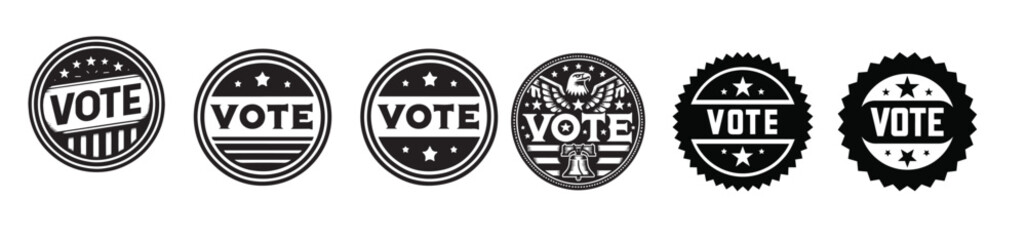 Set of VOTE emblems in circular badge designs. Graphic icons symbolizing democracy, elections, civic duty, and political engagement. Suitable for badges, stickers, voting campaigns, and prints
