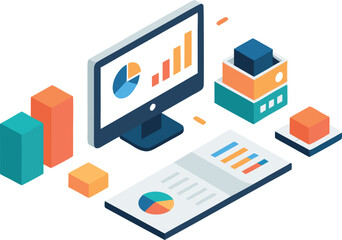 Isometric illustration of a computer displaying pie and bar charts, surrounded by colorful stacked blocks and paper with graphs, conveying data analysis.