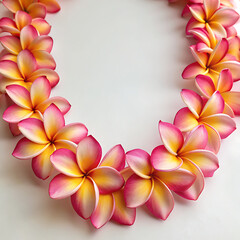 Beautiful pink and yellow plumeria flower lei on white background
