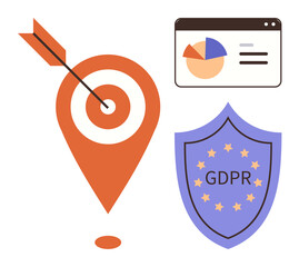 Red target with arrow, shield labeled GDPR, and analytic dashboard. Ideal for data privacy, regulation, marketing, analytics, cybersecurity transparency compliance. Simple flat metaphor