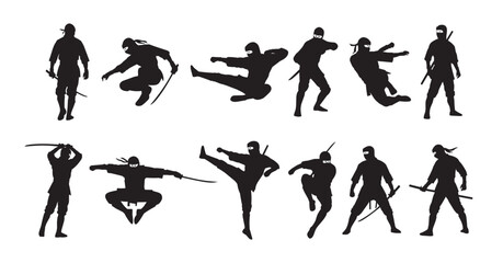  silhouettes of ninjas in dynamic poses showcasing martial.