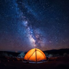 Cozy Orange Tent Glows Under Majestic Milky Way Galaxy and Starry Night Sky.