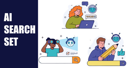 AI Search Assistant Set. Characters Using Artificial Intelligence for Internet Surfing, Online Research and Finding Answers. SEO Concept. Vector Illustration.