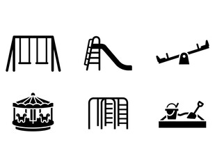 Essential vector icon set of diverse playground equipment featuring swings, slides, seesaws, and sandboxes