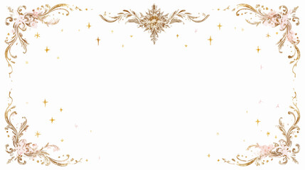 Elegancka, złota ramka wektorowa z delikatnymi różowymi kwiatami i błyszczącymi iskierkami na białym tle, idealna do zaproszeń i certyfikatów.