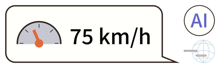 Speedometer display indicating 75 kmh, with AI and globe icon representing speed monitoring, navigation, and technology. Ideal for transport, AI, automation, safety, connectivity innovation simple