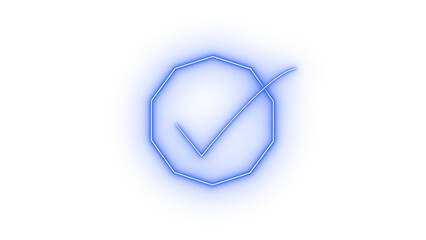 Neon blue checkmark icon with glowing octagonal border, representing approval, validation, and completion, featuring modern design elements, isolated on transparent background