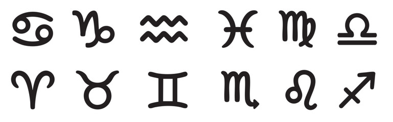 Set of zodiac sign symbols including capricorn, aquarius, pisces, aries, taurus, gemini, cancer, leo, virgo, libra, scorpio, sagittarius. astrology, horoscope, black icons on white background vector