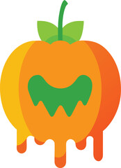 Stylized image of a melting orange pumpkin with a green smiley face and stem. The drips suggest a playful, Halloween-themed design.