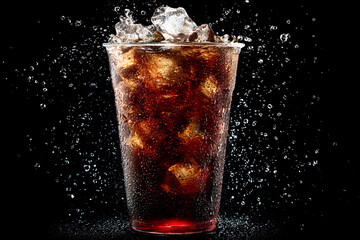 A clear plastic cup of fizzy dark soda with ice cubes splashing dramatically with condensation.