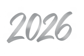 Silver 2026 brushstroke lettering on transparent background