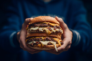 Delicious Double Cheeseburger Held in Hands Dripping with Melted Cheese.
