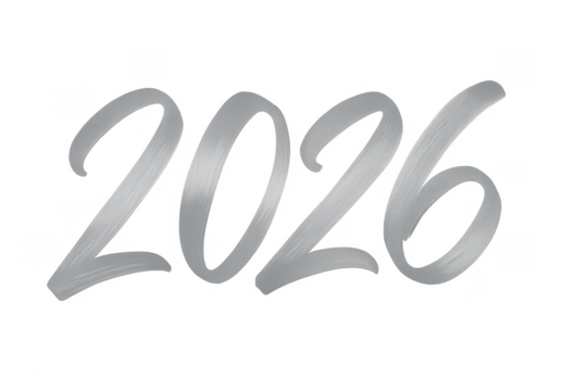 Silver 2026 brushstroke lettering on transparent background