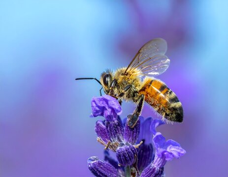 A close-up view of a honeybee perched on a lavender flower - Powered by Adobe
