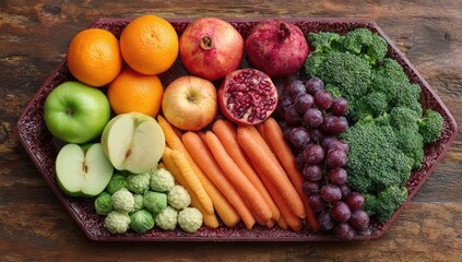Hexagonal tray of colorful fresh produce on a wood surface