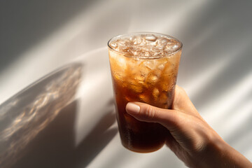 Hand holding a tall glass of iced tea with condensation.