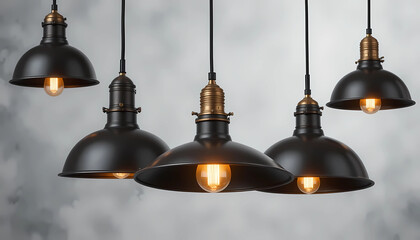 Group of five vintage industrial pendant lights with exposed edison bulbs hanging from the ceiling