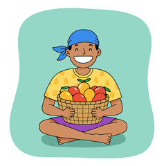 Little boy with a birthday cake and a basket of fruit at a fun kitchen table