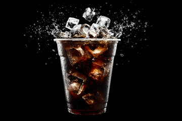 Refreshing dark cola drink with dynamic ice cubes splashing in a clear plastic cup showing condensation.