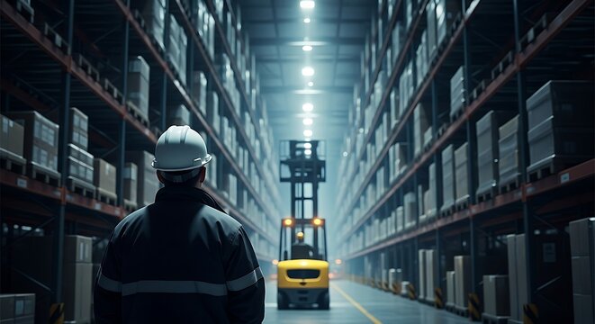 Warehouse worker observing forklift safety helmet storage