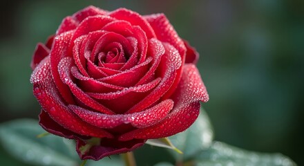 Crimson Rose Unveiled - Dew-Kissed Petals in Soft Light, a Romantic Close-Up.