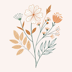 Minimalist floral illustration with orange and beige flowers, green stems, and leaves on a light background, conveying a calm and natural feel.