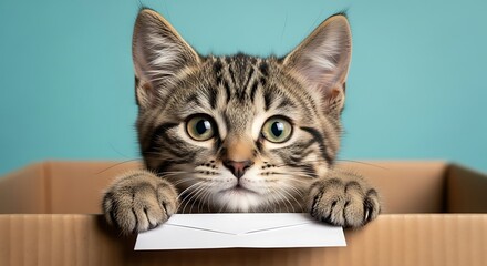 Tabby kitten peeking from cardboard box feline animal
