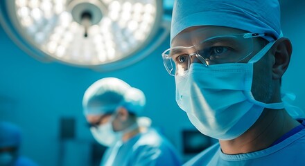Surgeon wearing mask and goggles in operating room