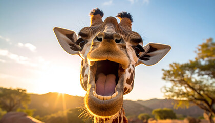 Giraffe laughing and opening his mouth wide