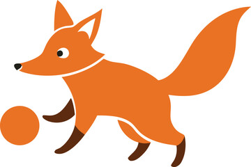 Obraz premium A minimalist illustration of an orange fox with a bushy tail, playfully interacting with an orange ball on a plain white background. The fox appears curious and lively.