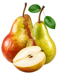 A set of ripe, fresh, green and yellow pears with a leaf, isolated on white for a healthy fruit and vegetarian diet