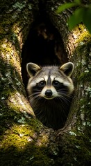 Curious Raccoon Peeking Out of Mossy Tree Hollow, Intense Gaze Amidst Verdant Forest.