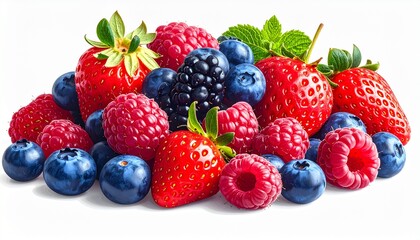 Obraz premium Vibrant pile of fresh strawberries, raspberries, and blueberries with green mint leaves—evoking freshness, color, and natural beauty.