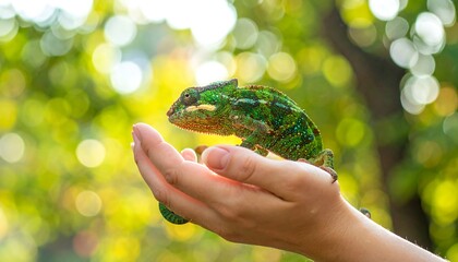 A vibrant chameleon perched on a human hand against a bokeh backdrop